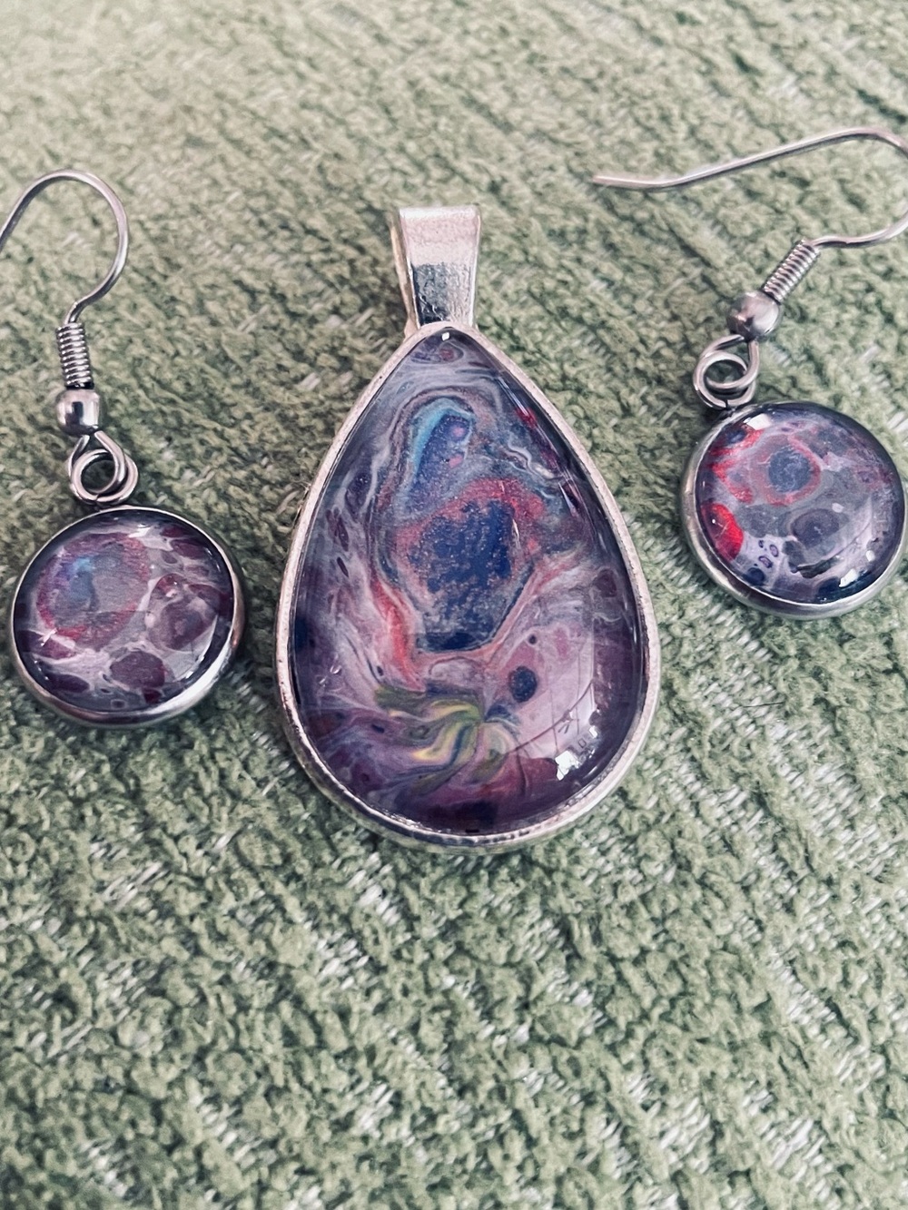 Handcrafted Teardrop Pendant & Earrings Set in Purple and Multicolor by me.